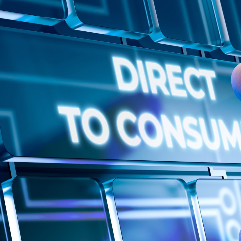 Man Using a Direct To Consumer System by Pressing a Button on Futuristic Interface. Modern Business Concept